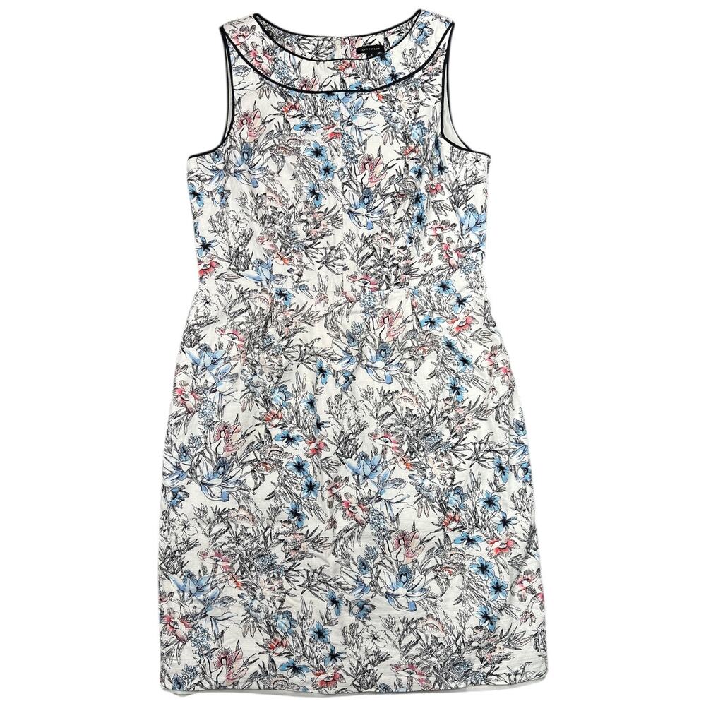 Ann Taylor Floral Sheath Dress White Blue Pink with Black Trim Lined - 4